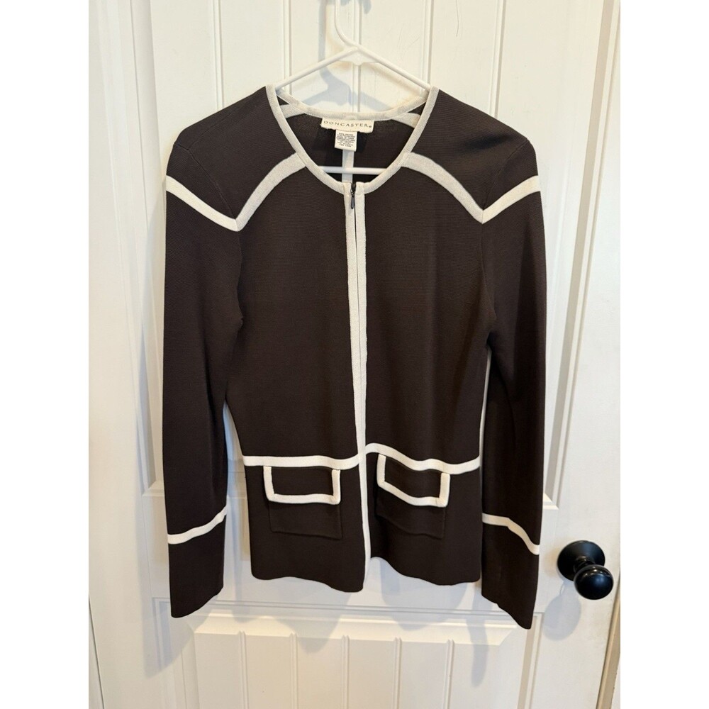 Doncaster Cardigan Sweater Women’s S Brown Ivory Zip Front Rayon Knit Pockets